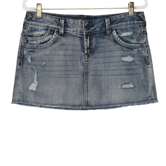 Y2k Express Jean Mini Skirt Frayed Hem Demi Micro Skirt Size 8 30" - Picture 2 of 5